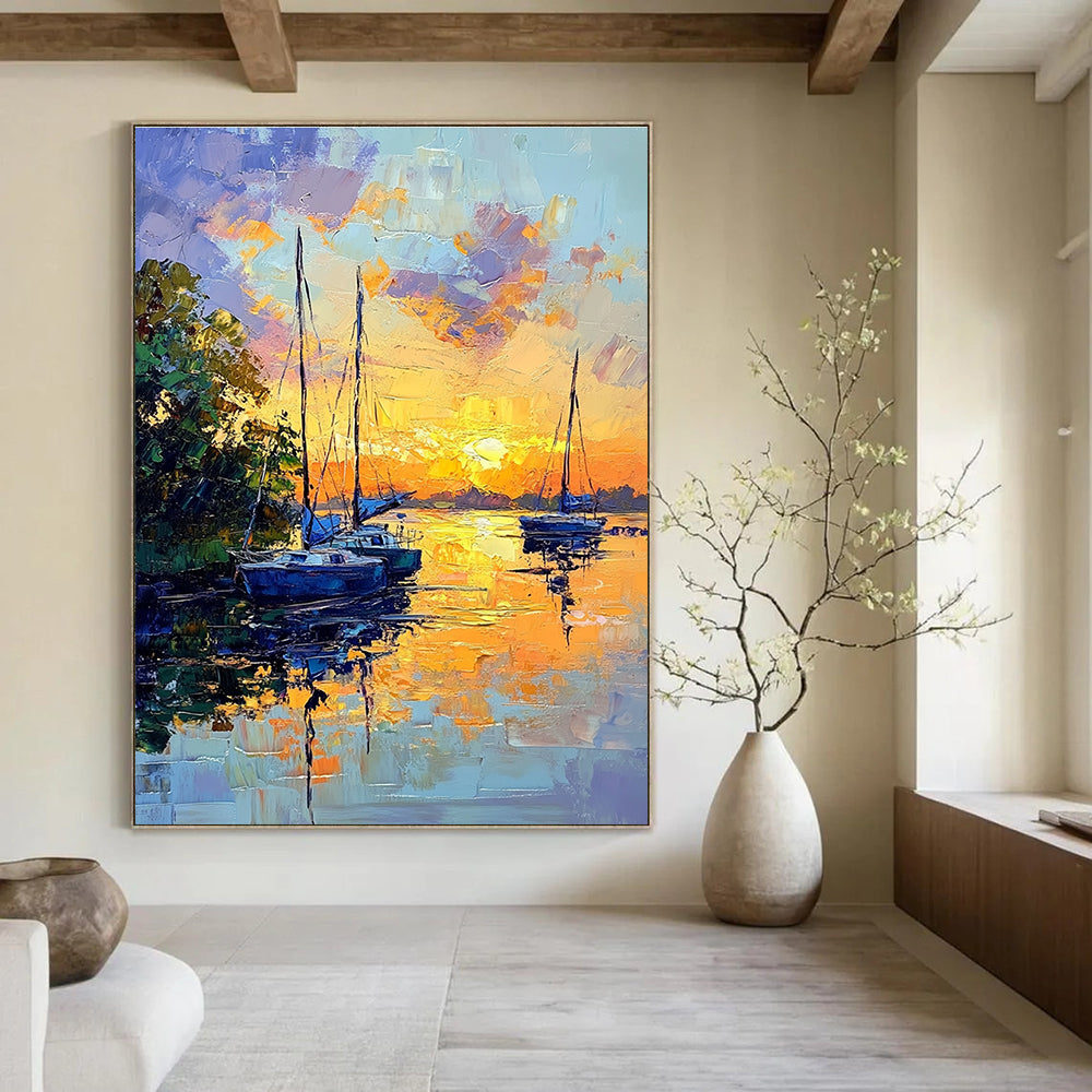 Abstract painting of sailboats at sunset with vibrant colors large brush strokes and serene reflections on the riverbank surrounded by lush greenery.STSC1394