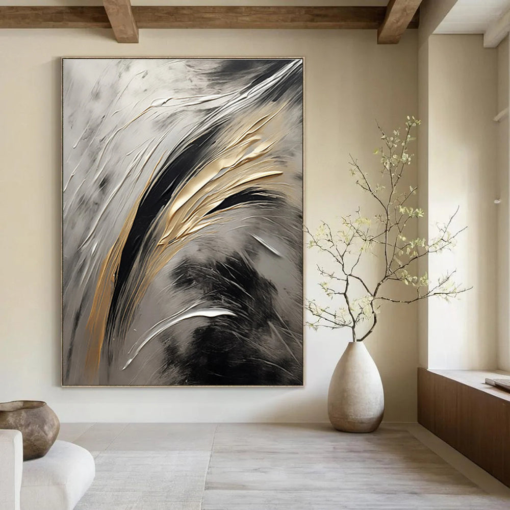 Metallic Textured Abstract Painting with Gold, Silver, and Black ADGE126