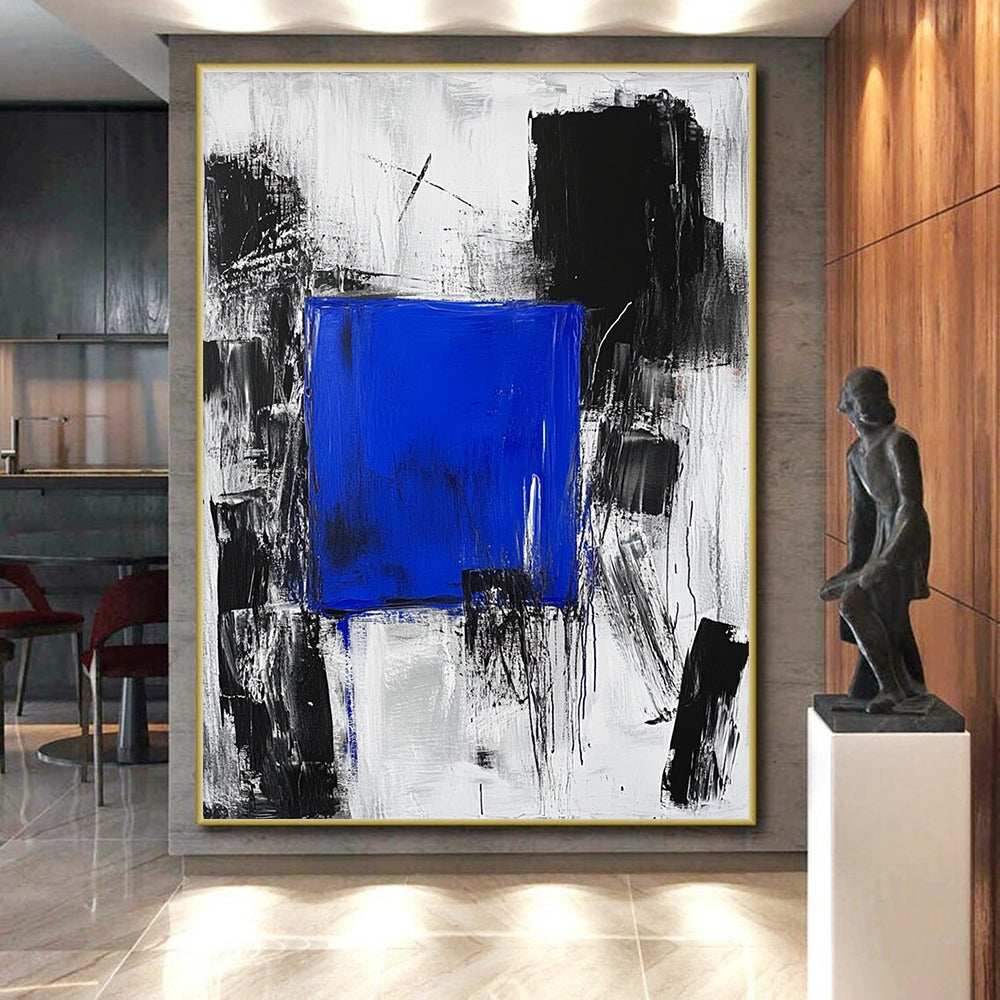 Blue Square in Black Gray Abstract Painting with Dynamic Background GER025