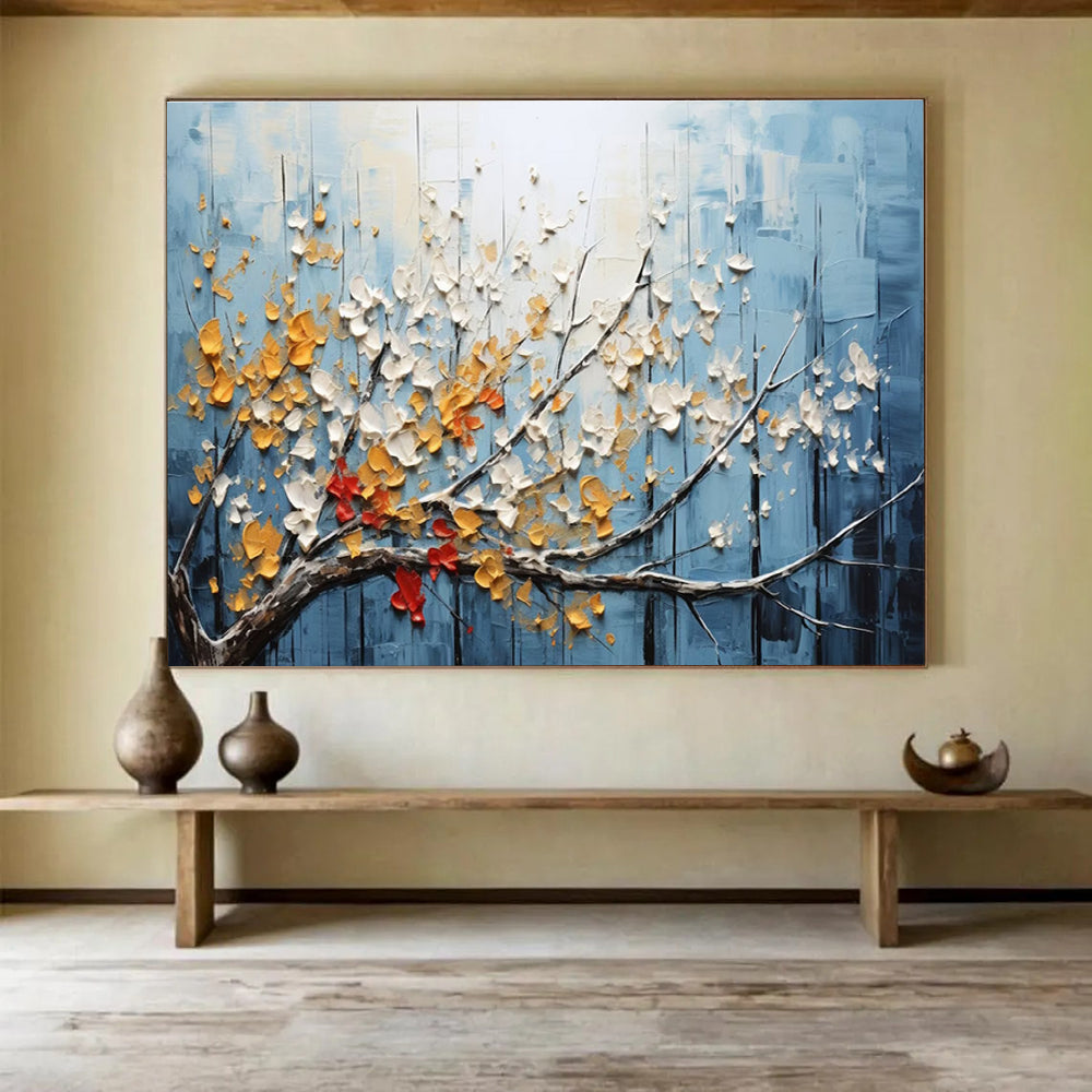 Textured Tree Abstract Painting with Blue, White, and Yellow Tones THY160