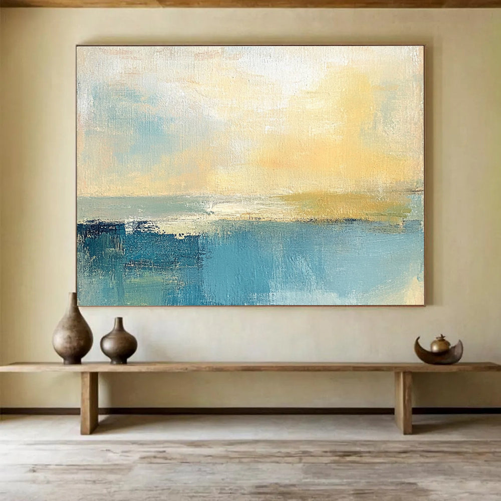 Soft Coastal Horizon Abstract Painting with Muted Blues and Yellows DYP245