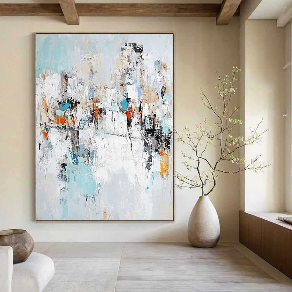 Large abstract painting in light blue white and gray showcasing urban shapes symbolizing diversity creativity and hope.STSC768