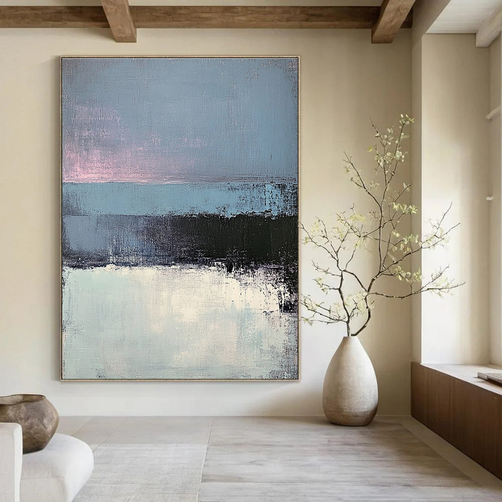 Large abstract painting of layered gray-blue sea and dark blue pink sky showcasing minimalist design with exquisite brushwork and light effects.STSC347