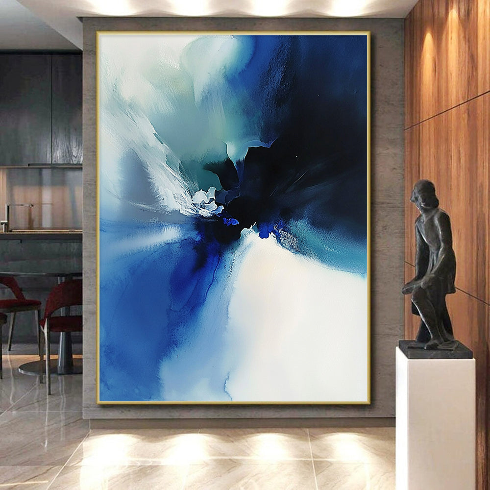 Blue Ink Abstract Painting with Fluid Motion GER389