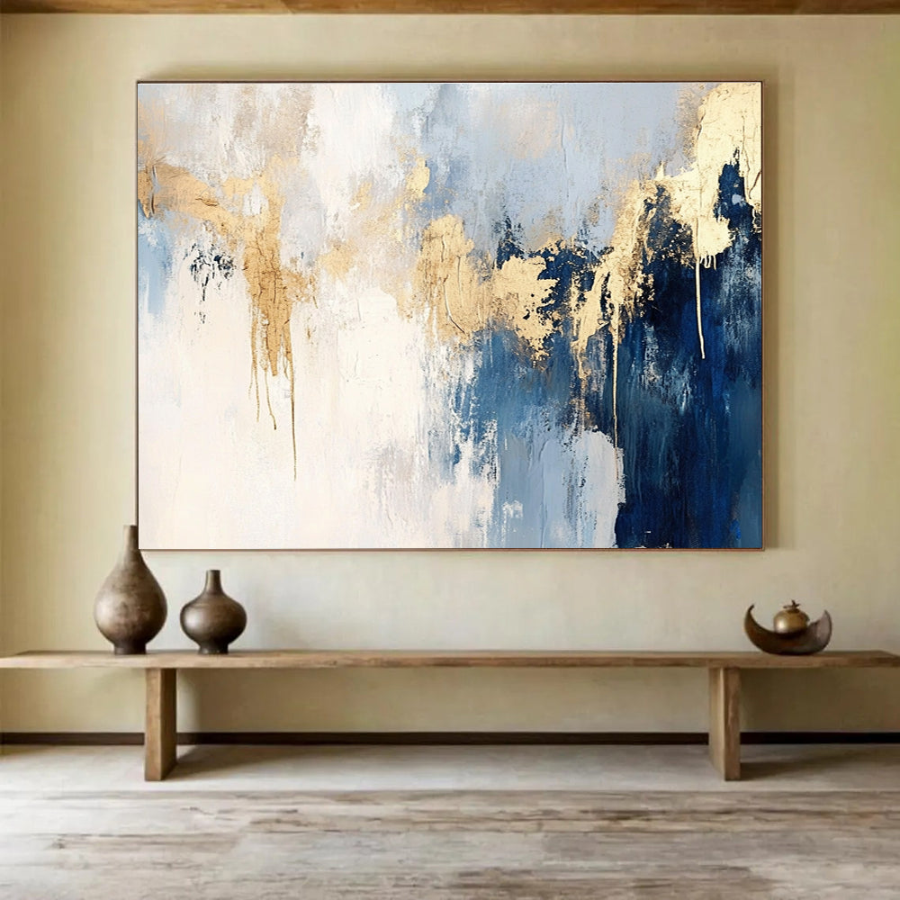 Blue and Gold Abstract Painting with Dripping Details DYP182