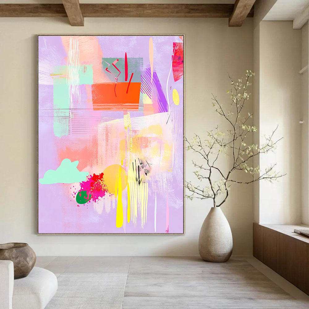 Large abstract painting featuring pastel shapes and textures with clouds flowers and musical notes on a light purple background adding depth and spaciousness.STSC546