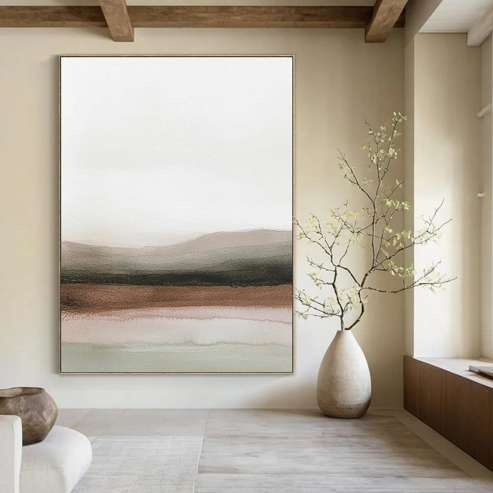 Abstract painting in pastel colors depicting a serene horizon with light gray skies and calm water, and brown desert landscapes blend.STSC1230