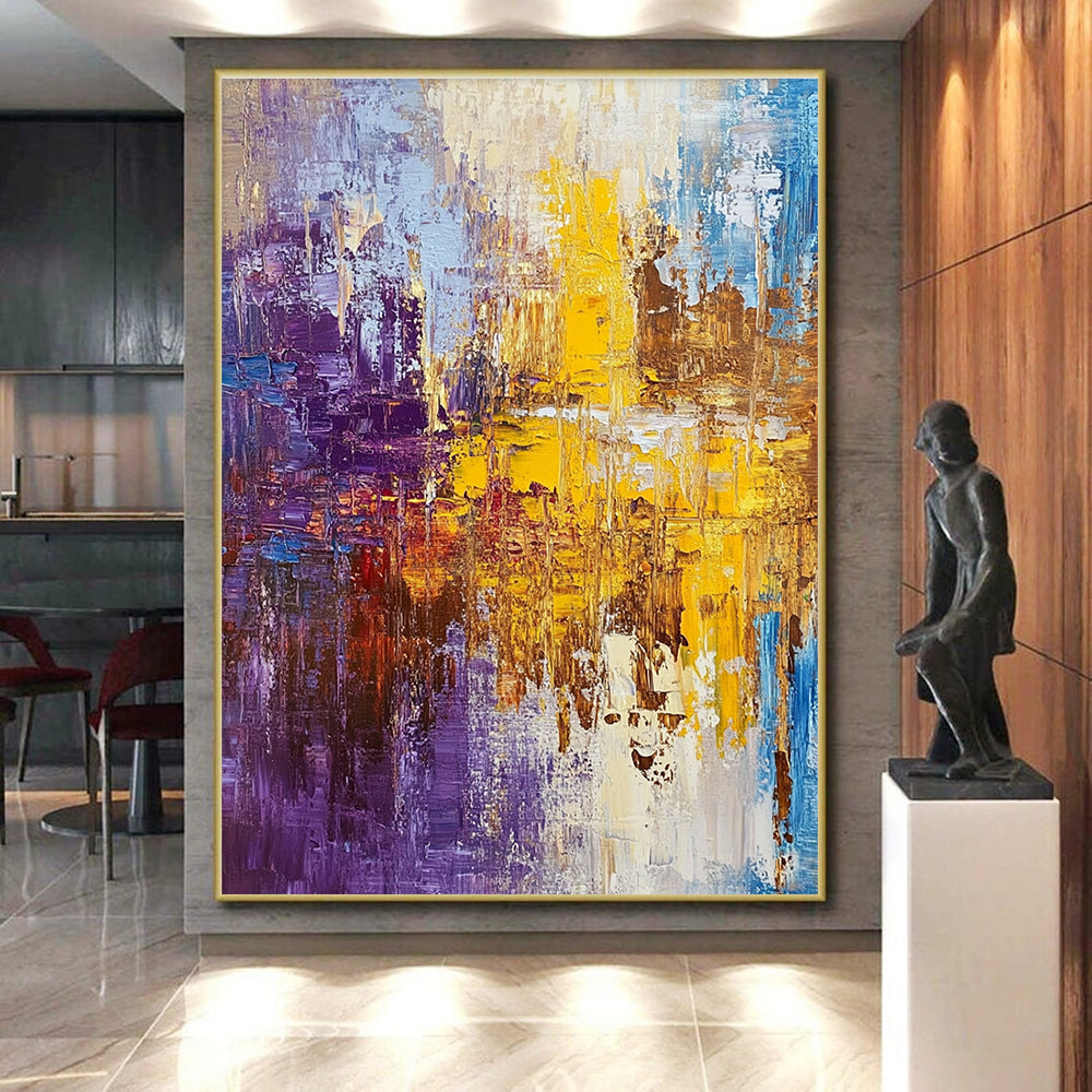 Purple Yellow and Blue Abstract Painting with Textured Layers GER481