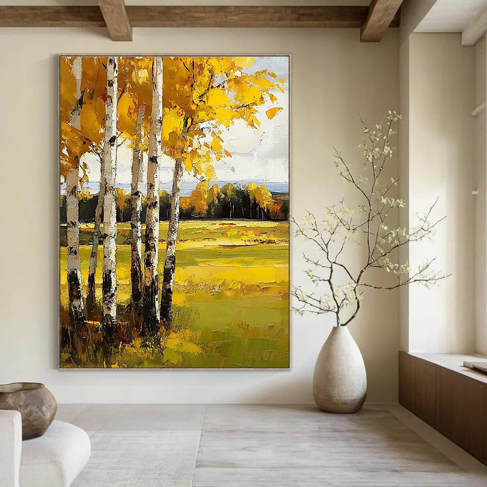 Abstract painting featuring yellow birch trees vibrant autumn colors textured depth and realistic detail in a captivating landscape setting.STSC1015