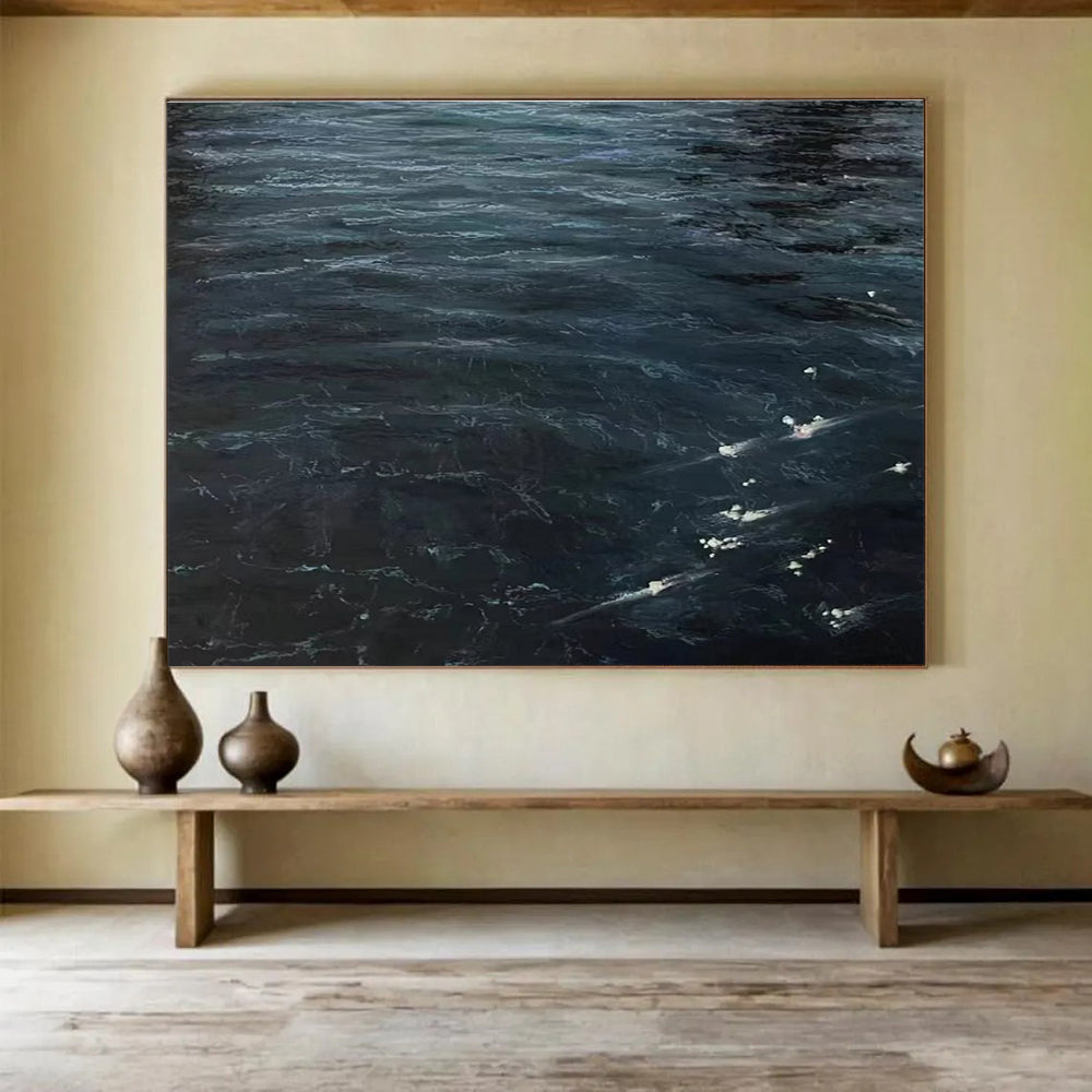 Dark Ocean Waves Abstract Painting with Deep Blue Tones THY265