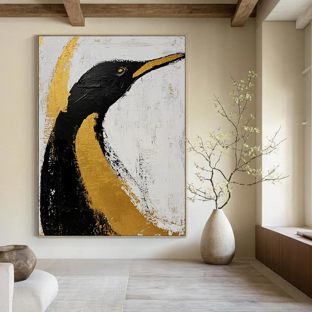 Large abstract art featuring a black and gold penguin on a white background with clean dark lines brush strokes and gold leaf accents.STSC010