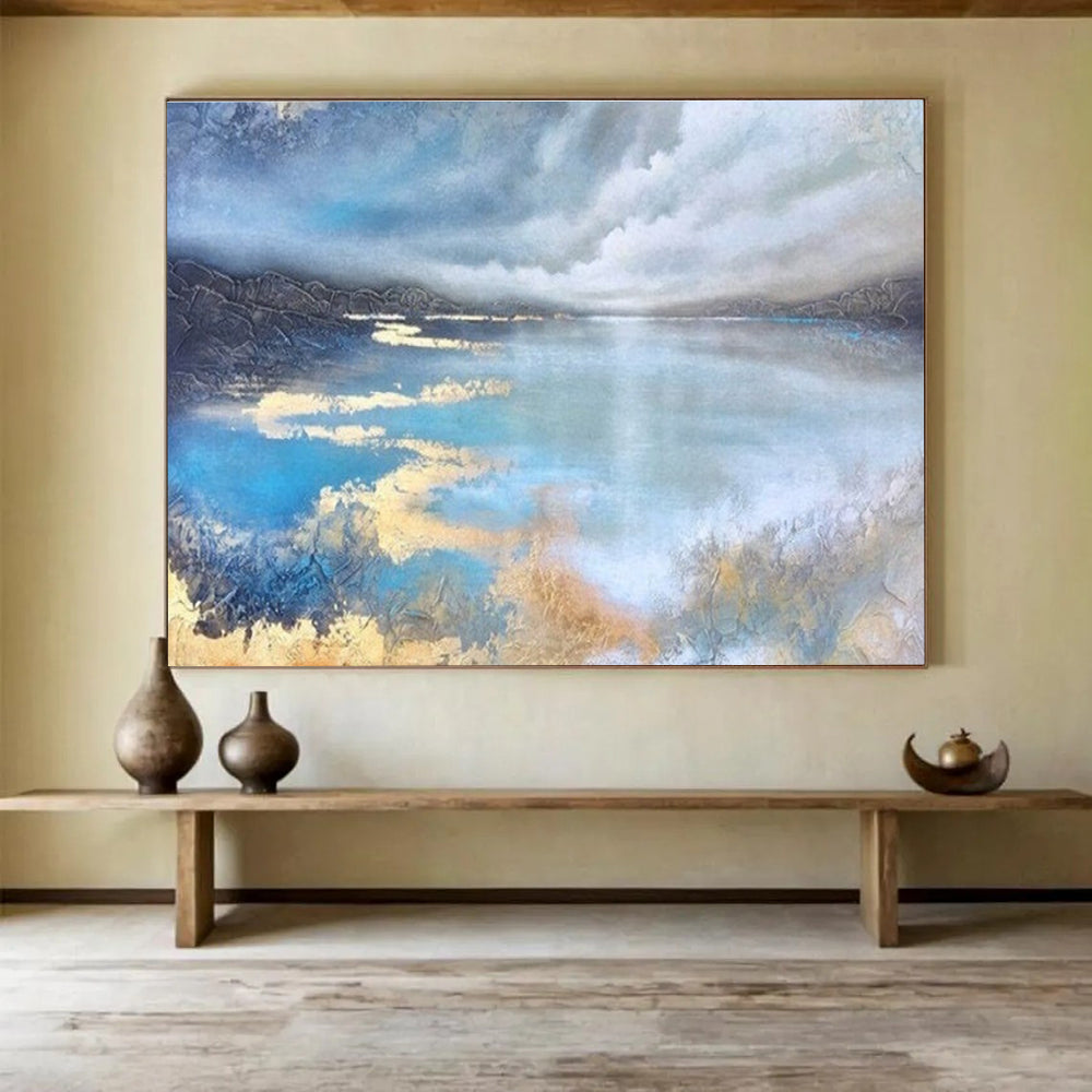 Lake Reflection Abstract Painting with Blue, Grey, and Gold Tones THY192