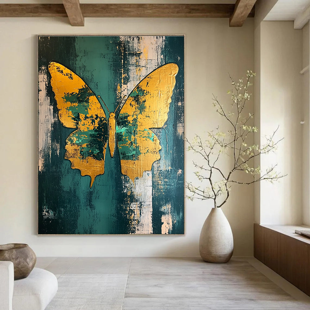 Large abstract painting of a butterfly featuring gold leaf accents in teal and green on a distressed background.STSC280