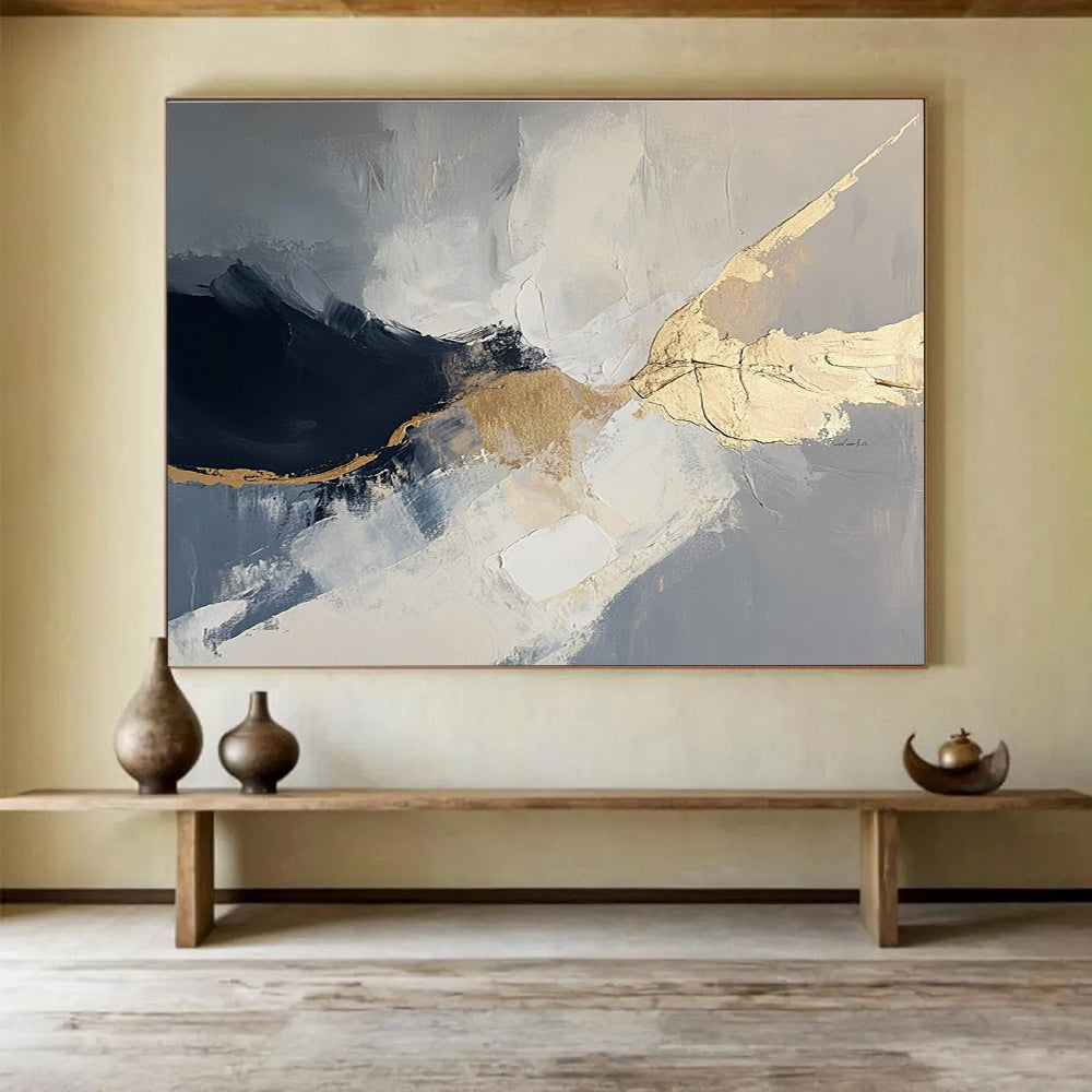 Gray and Gold Abstract Painting with Fluid Shapes DYP299