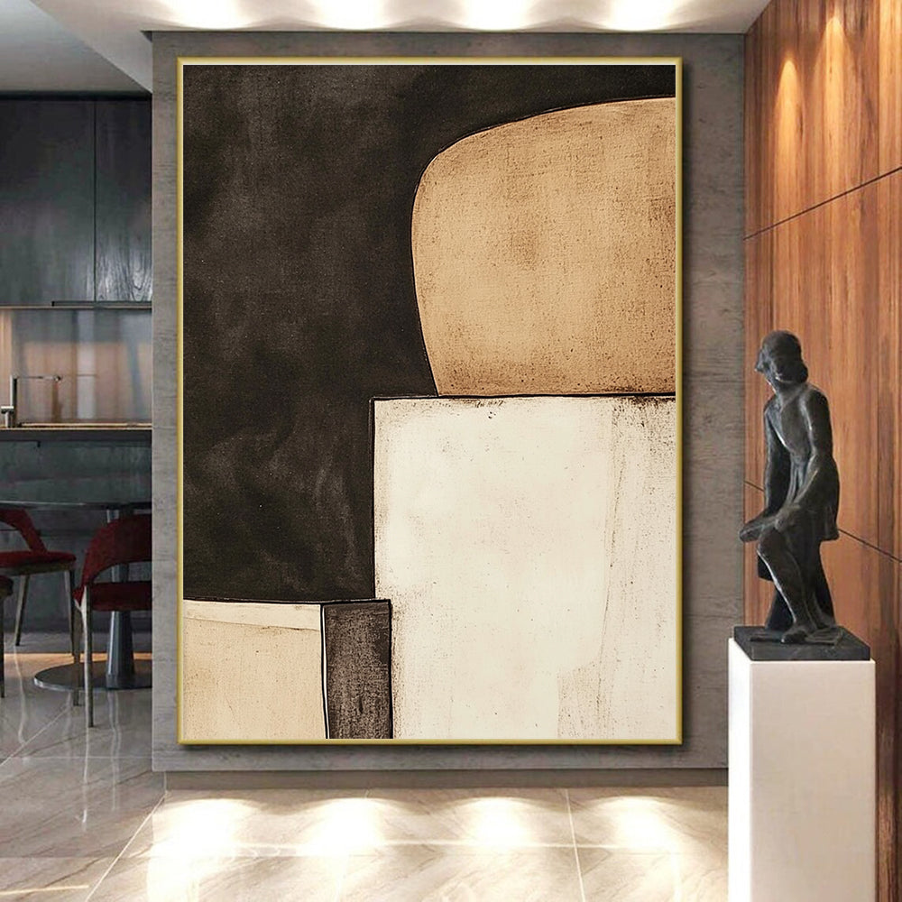 Black and Beige Abstract Painting with Minimalist Forms GER057