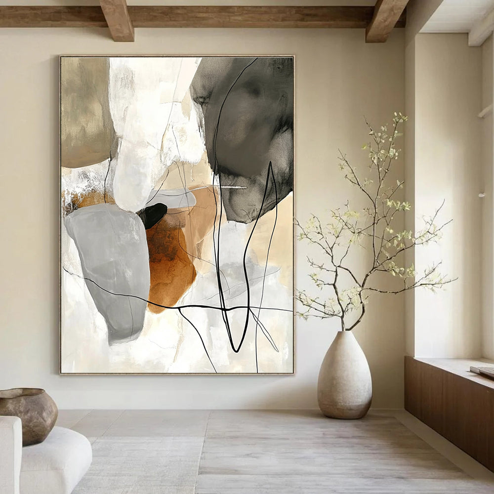 Large abstract painting featuring soft lines and shapes in beige tones with collage elements of black wires and organic textures in dark brown and light gray.STSC798