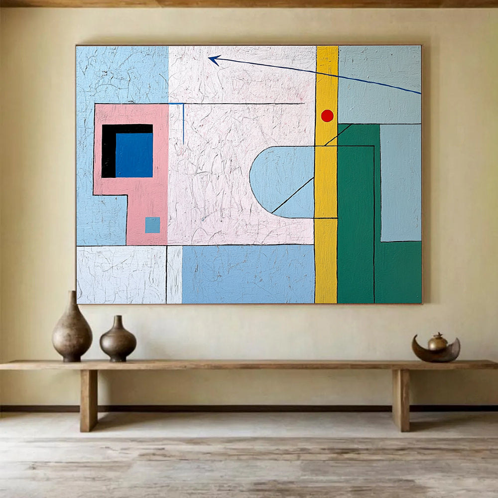 A large abstract painting featuring geometric pastel shapes, a small window, a door, and a downward arrow, evoking tranquility and creativity.SC491