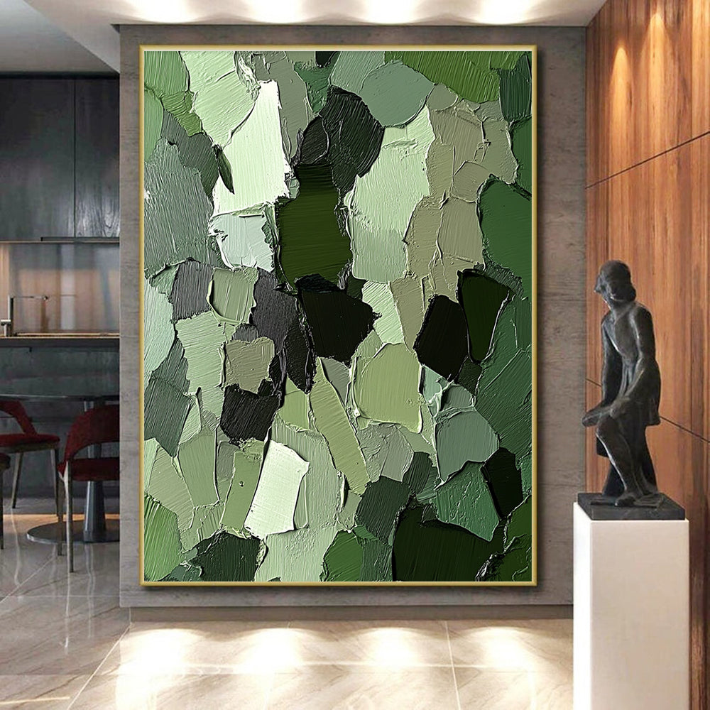 Green Patchwork Abstract Painting with Layered Shapes GER107