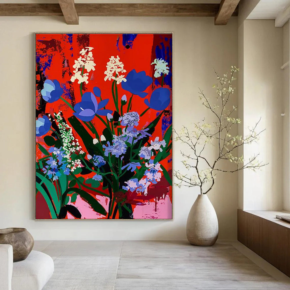 Blue and White Blooms on Red Abstract Flower Painting ADGE101