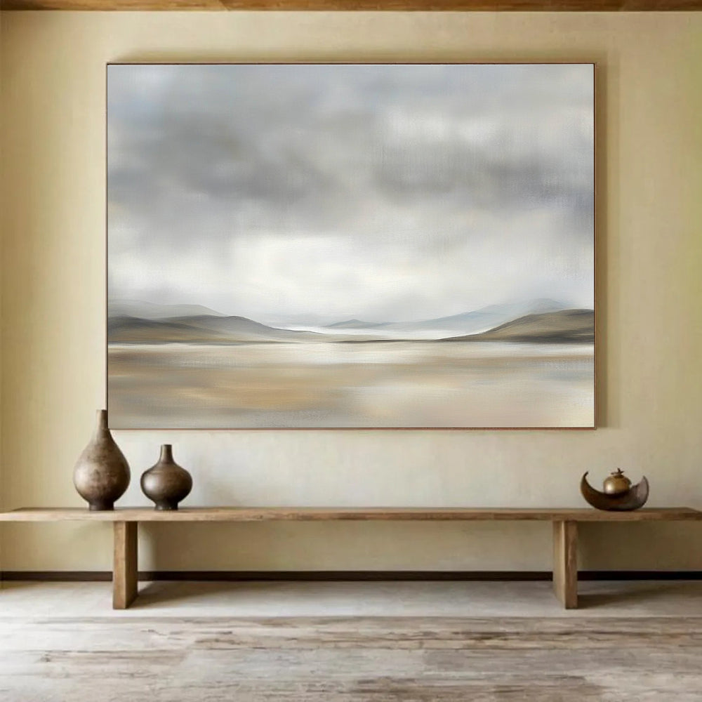 Large abstract painting depicting the Scottish Highlands with muted colors and soft brushstrokes, creating a serene and peaceful atmosphere.SC073