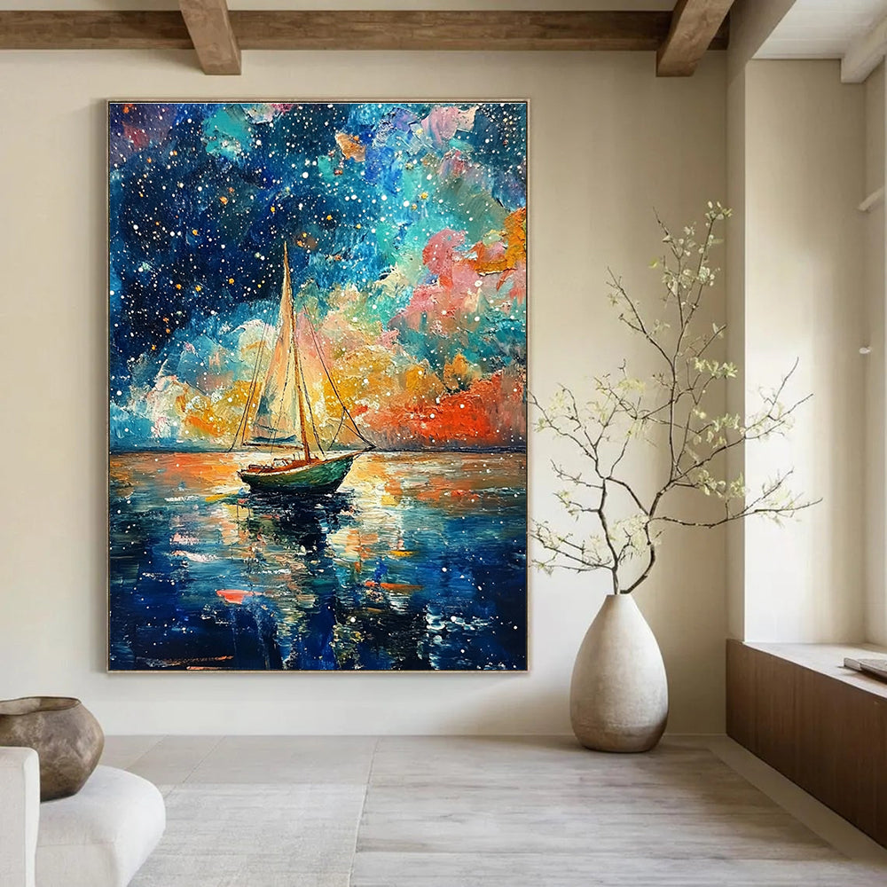 A large abstract painting featuring a small sailboat amidst vibrant colors and dreamy sky reflections in the style of Van Gogh.STSC1199