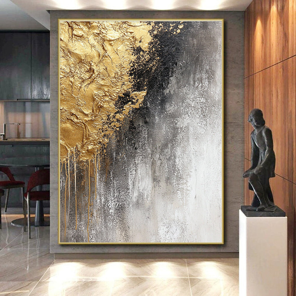 Gray Gold and Black Abstract Painting with Dripping Textures GER645