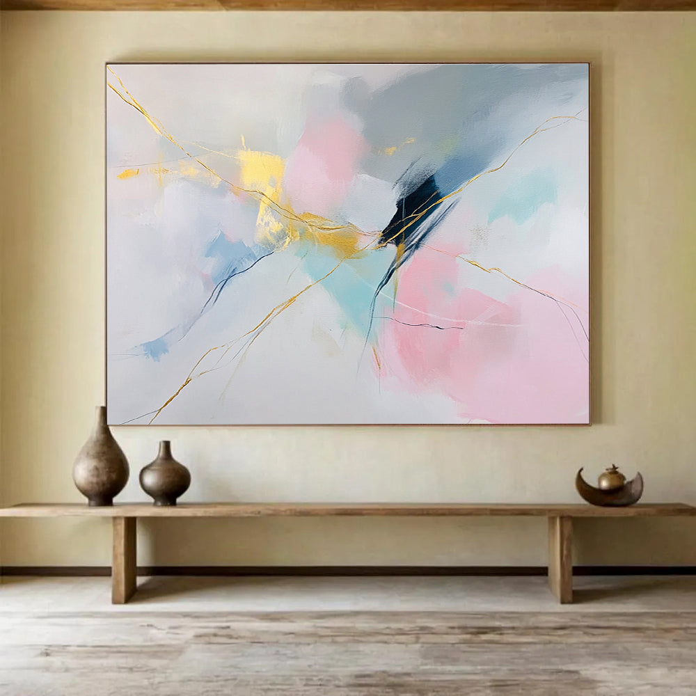 Large abstract painting featuring soft colors on white background with pink blue hues and gold accents delicate strokes create serene shapesSC282