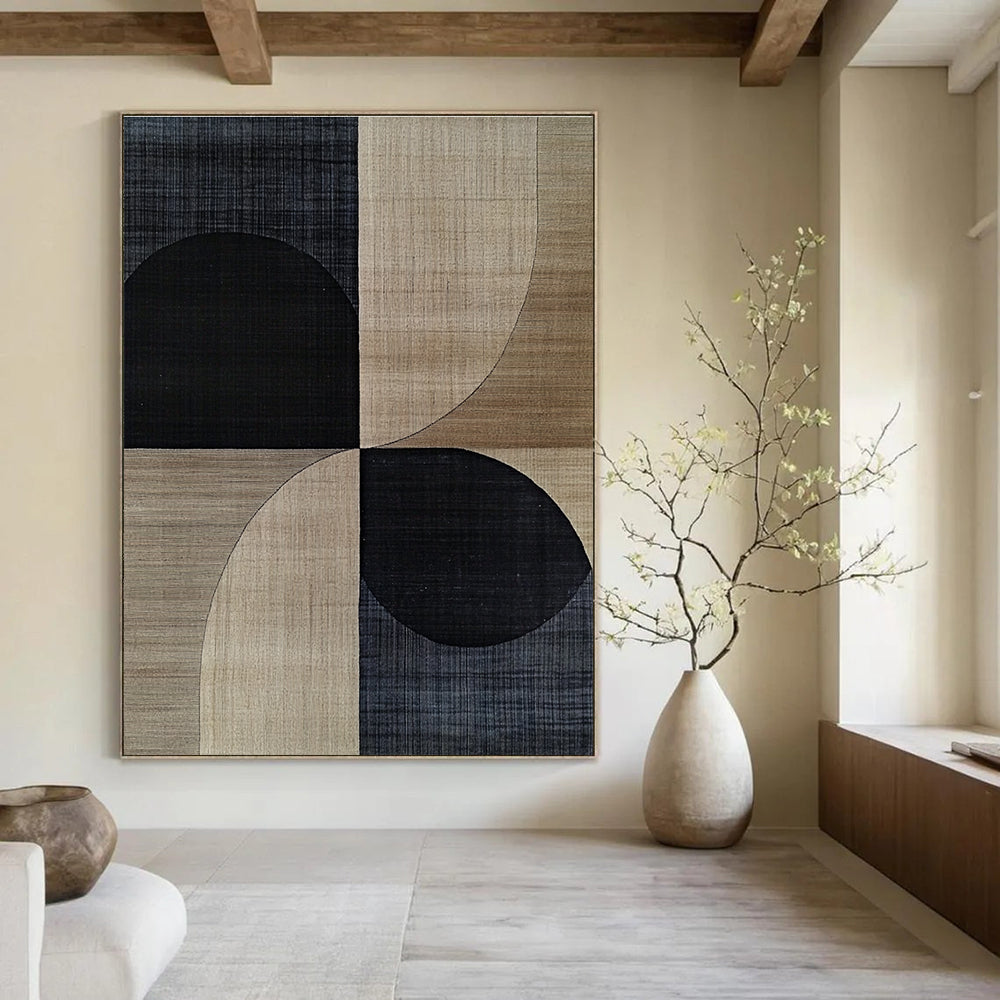 A large abstract painting featuring mid-century modern designs with black and beige shapes, wood grain texture, and subtle geometric patterns.STSC1318