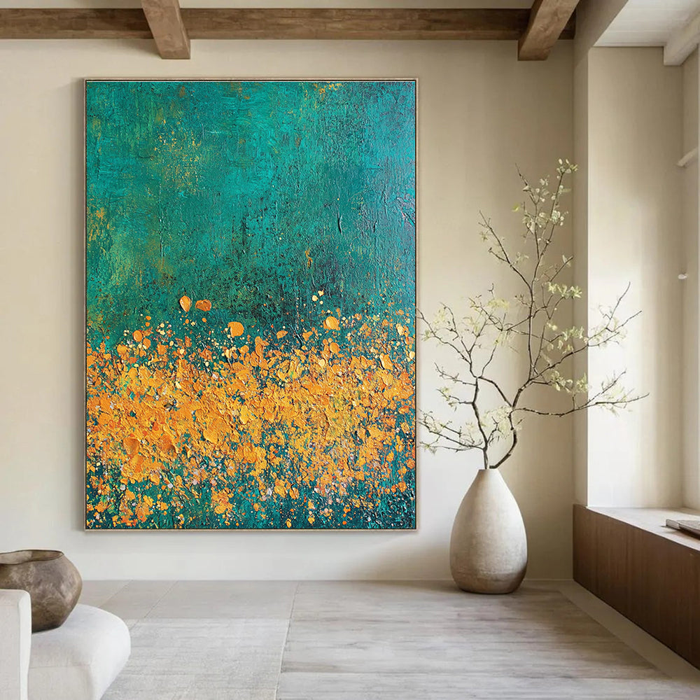 Abstract painting featuring textured strokes in teal gold and orange with a vibrant flower cluster against a dark green backdrop.STSC1110