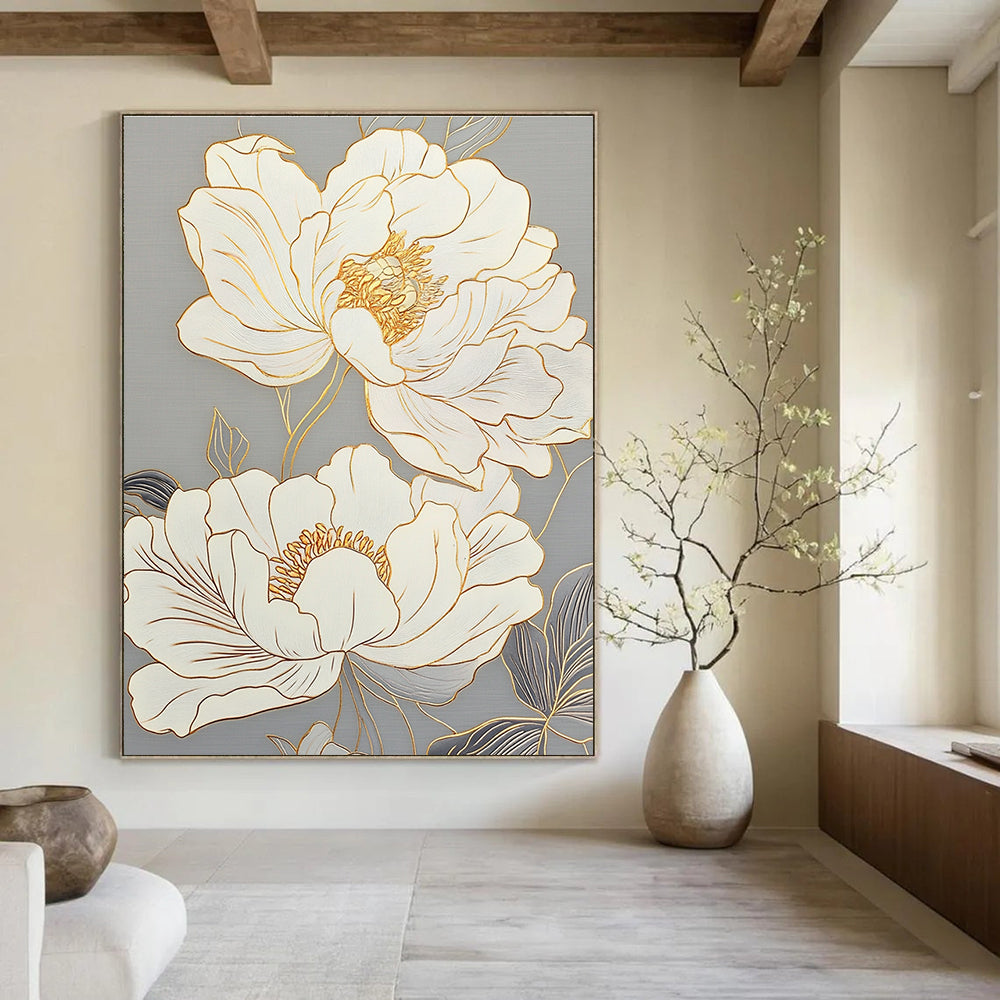 Large abstract painting featuring peony flowers with delicate lines glass texture and gold outlines on a light gray background.STSC1433
