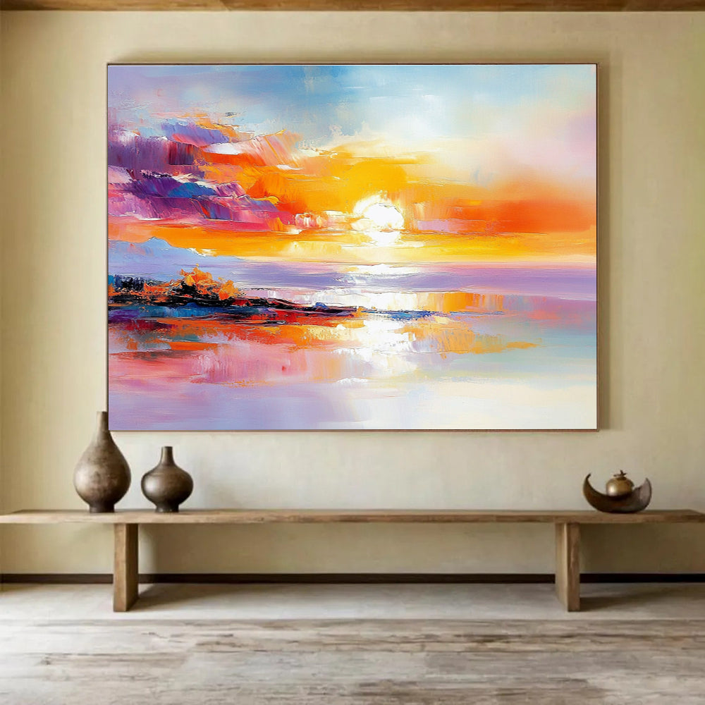A large abstract painting featuring a stunning sunset with warm colors reflecting on water and a distant island, evoking tranquility and calmness.SC422