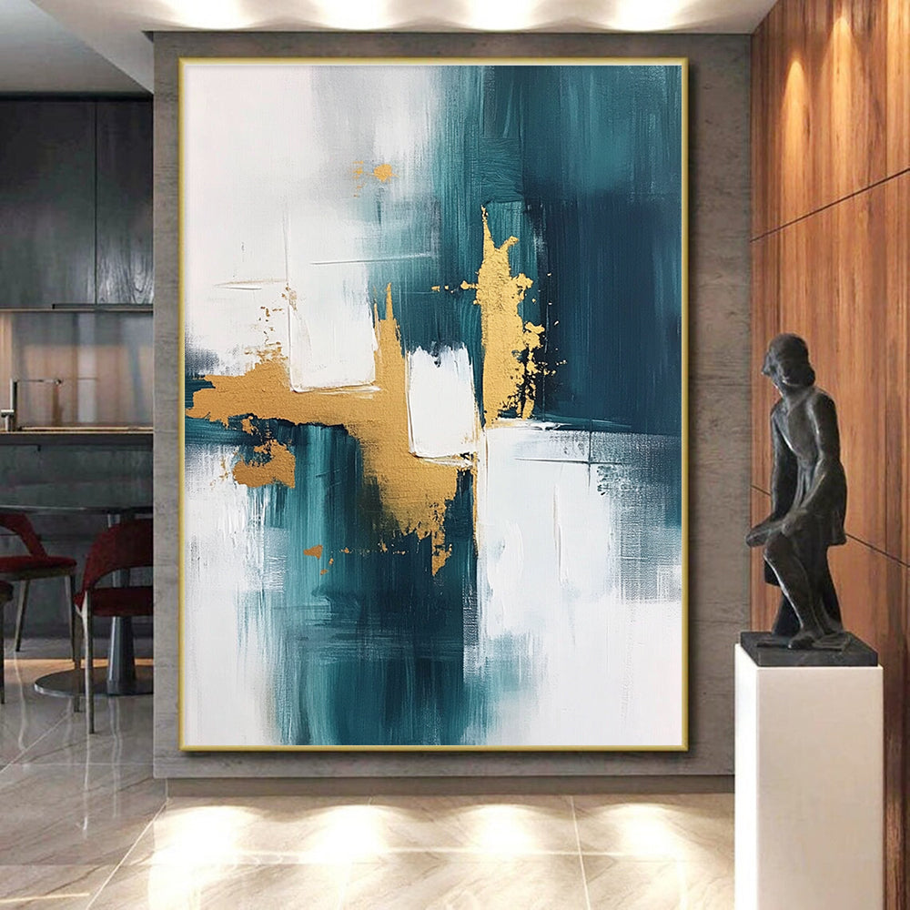 Teal Gold and White Abstract Painting with Modern Flair GER676