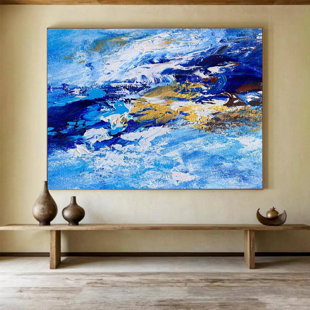 Blue Gold Abstract Painting with Ocean Wave Motifs THY345