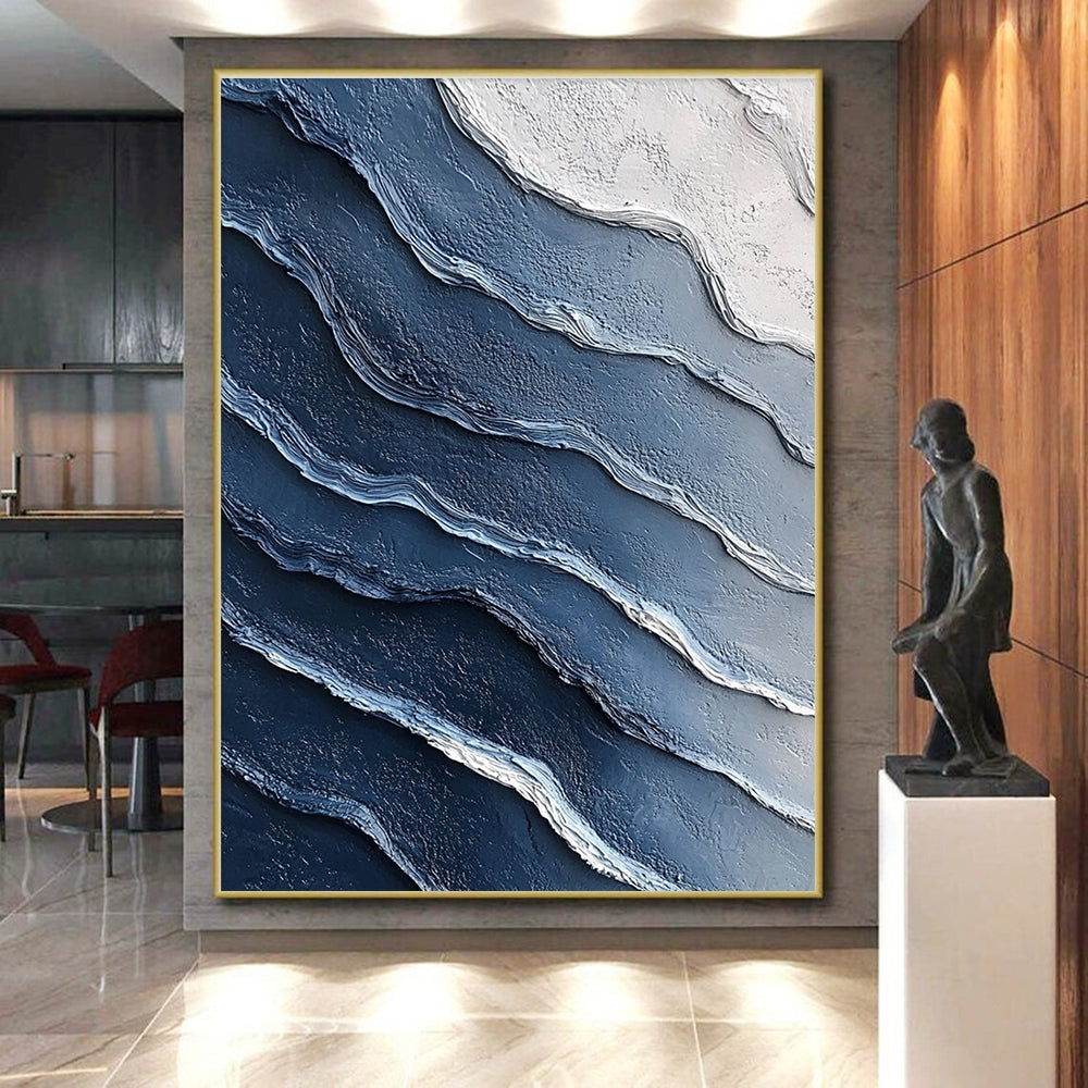 Blue and White Wave Abstract Painting with Textured Ridges GER072