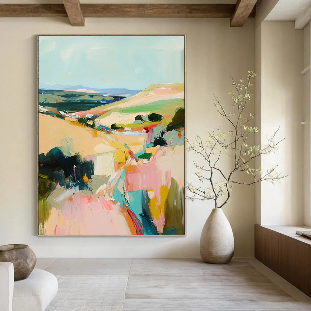 Abstract oil painting of an Irish landscape showcasing vibrant brush strokes in beige pink and teal colors creating a serene atmosphere.STSC150