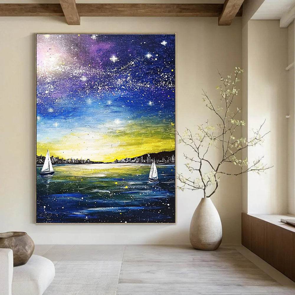 A large abstract painting featuring a blue sea and sky, white stars, sailboats, and a city silhouette using yellow, purple, green, and navy colors.STSC848