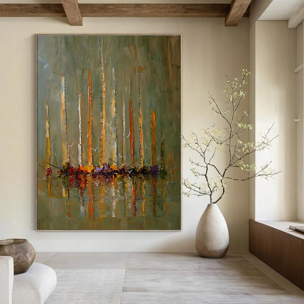 Sailboat Scene Abstract Painting with Earthy and Vibrant Colors ADGE330