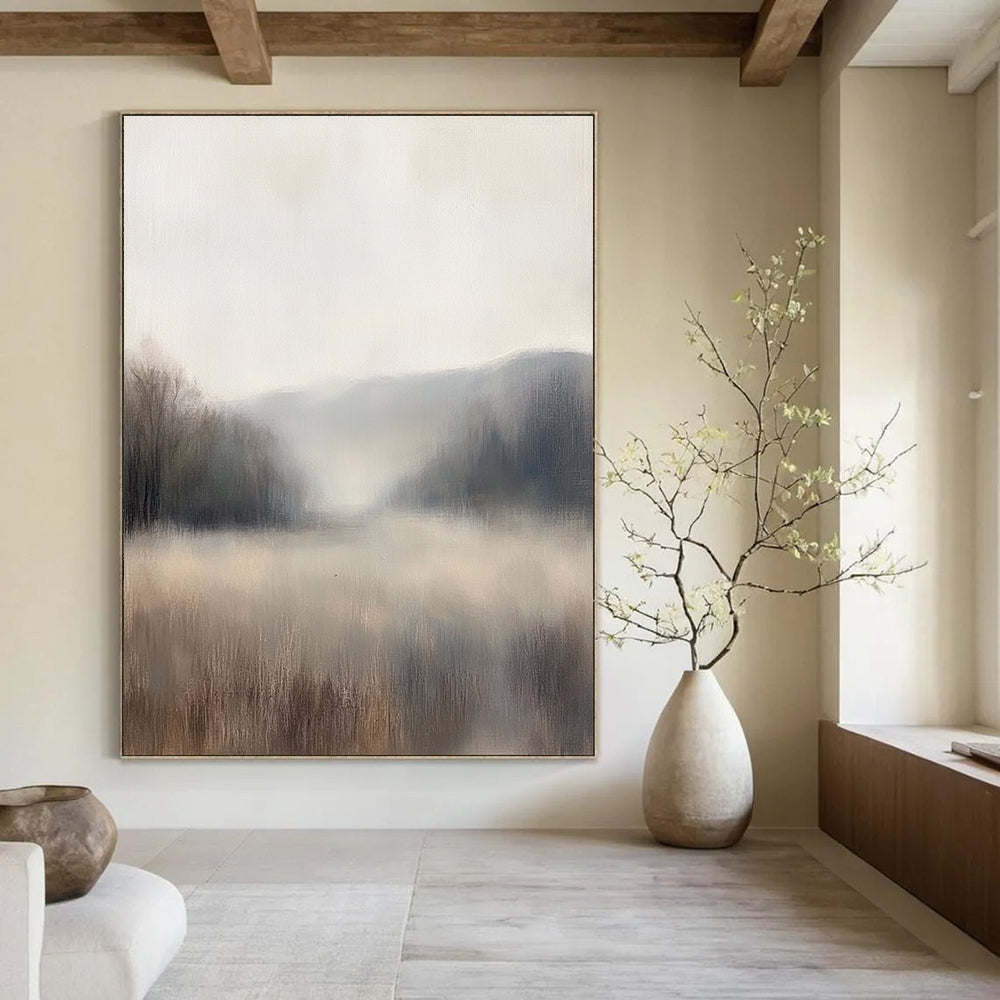Large abstract painting of a misty landscape with muted neutral colors and soft focus that enhances a minimalist aesthetic.STSC869