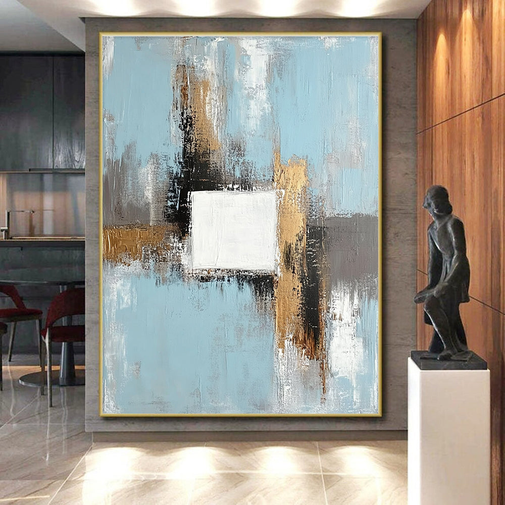 Light Blue Gold and Gray Abstract Painting with Geometric Forms GER555