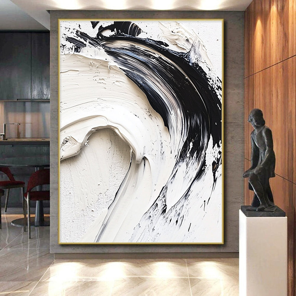 Black White Abstract Painting with Textured Swirls GER737