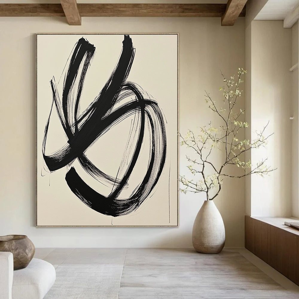 Large abstract drawing of black lines on white paper depicting an ink cloud style with a black square enhancing the minimalist energy.STSC549