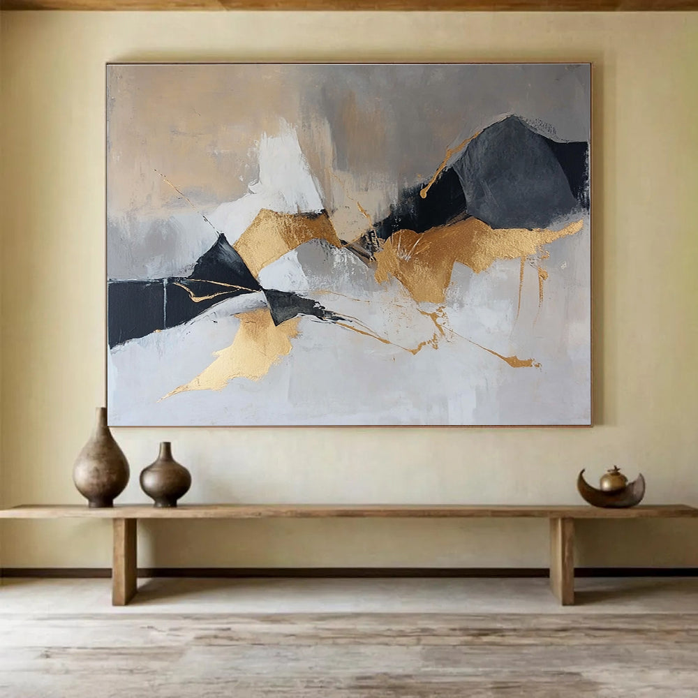 Gold and Gray Abstract Painting with Dynamic Shapes DYP275