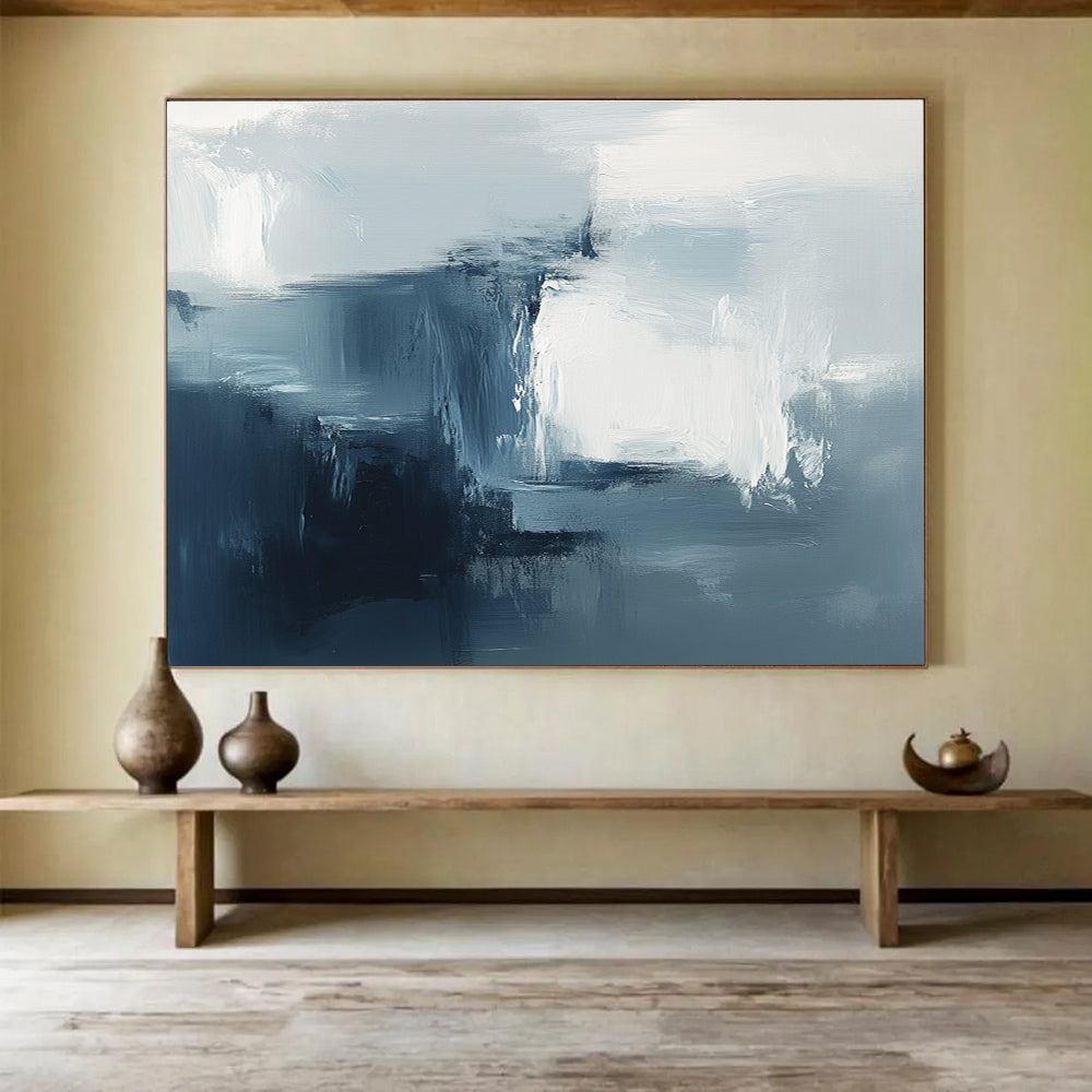 Large abstract painting with soft brushstrokes and a dreamy atmosphere featuring cool tones and minimalistic design elements to create a sense of mystery.SC232