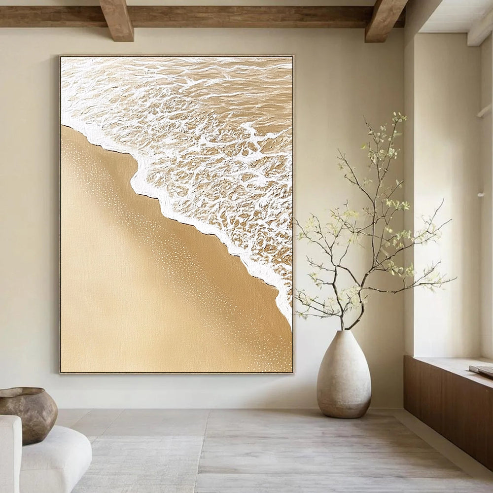 Abstract art capturing intricate sand and water patterns with soft waves blending detailed textures in light beige and white colors.STSC952