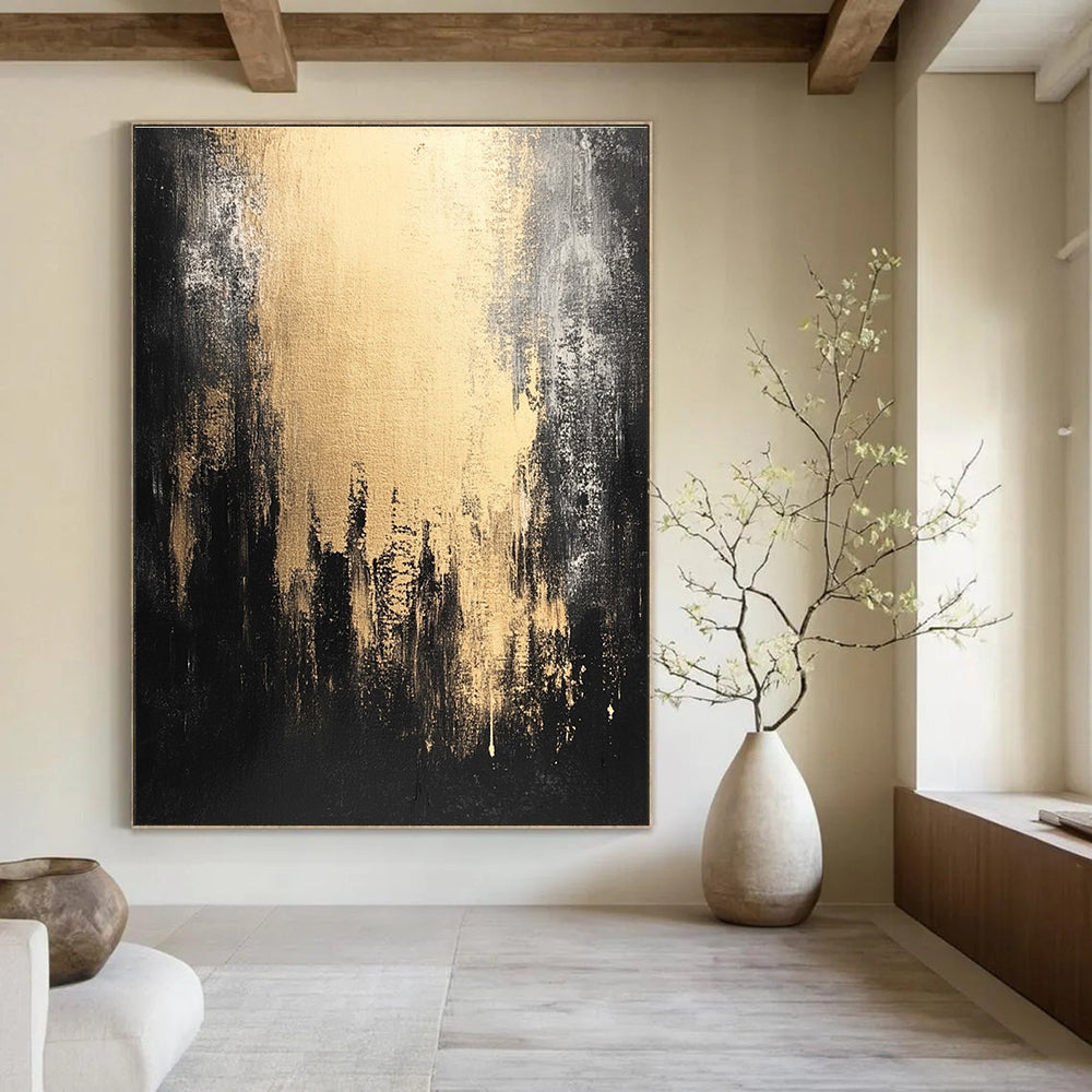 Large abstract painting in dark gray and light gold showcasing urban decay with black shadows for a captivating contemporary atmosphere.STSC228