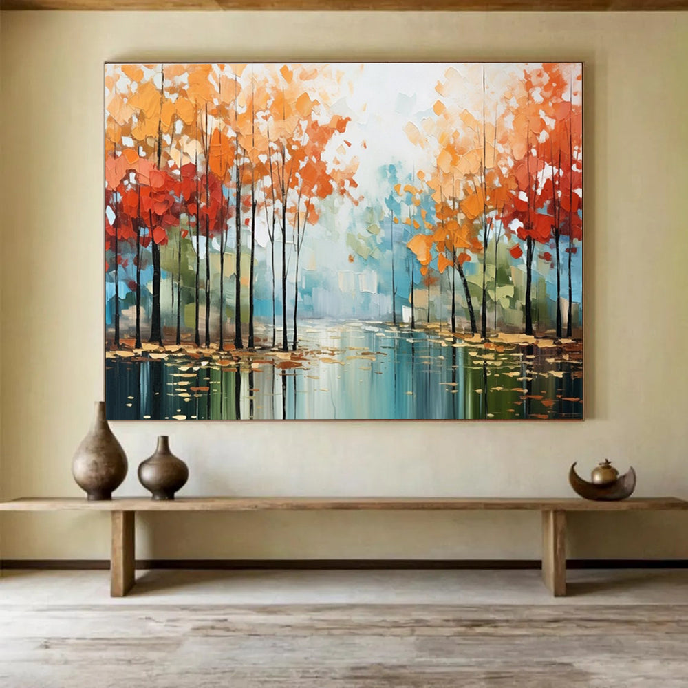 Autumn River Abstract Painting with Red, Orange, and Blue Tones THY164