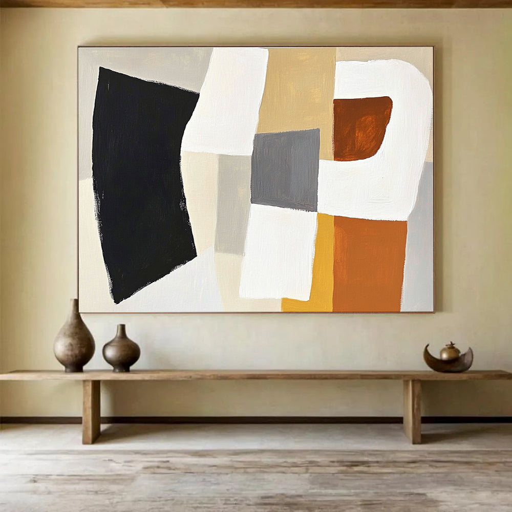 Large abstract painting in white and grey with orange accents featuring soft black shape and beige square in balanced composition.SC513