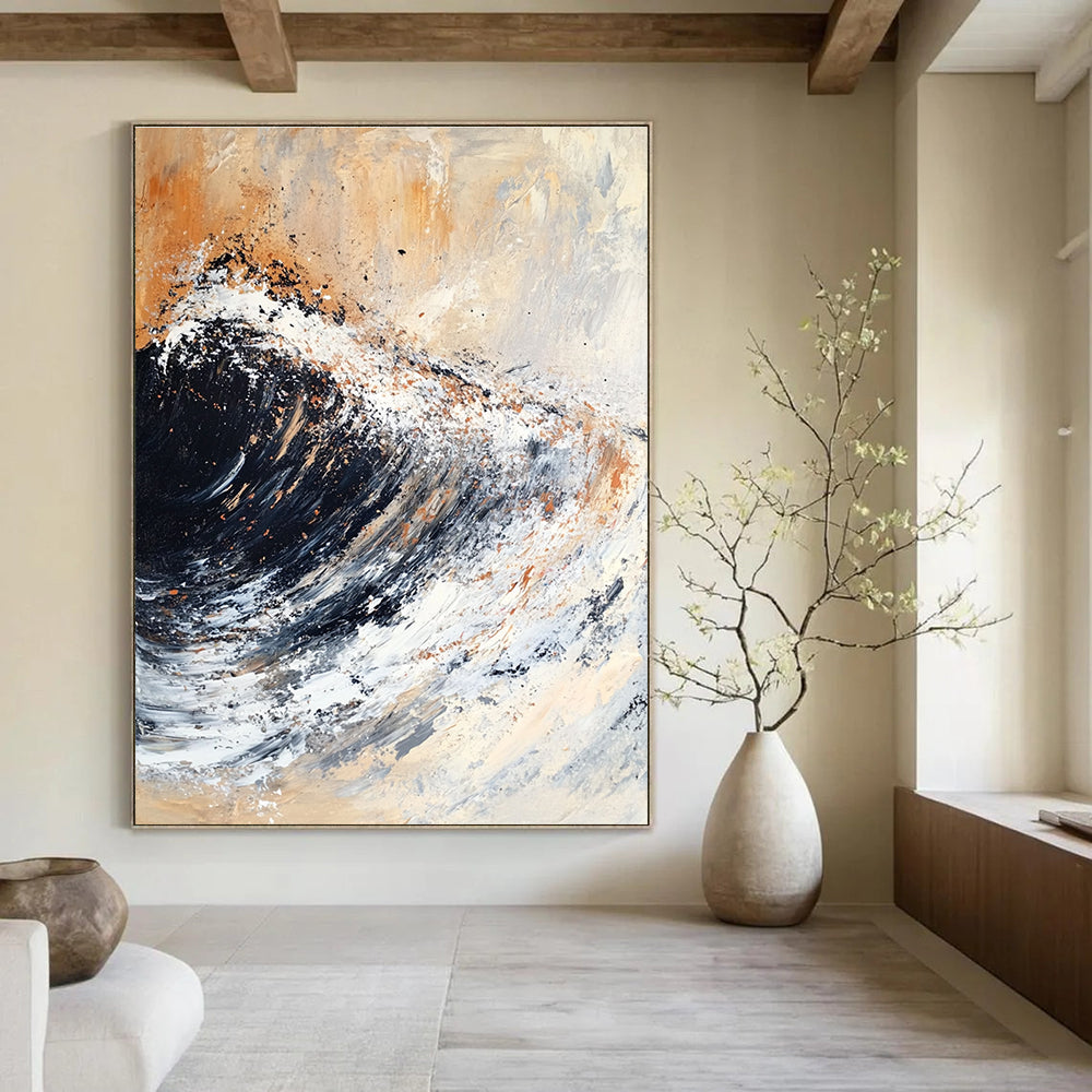 Large abstract painting featuring textured brush strokes of black and white with rusty orange and brown accents.STSC140