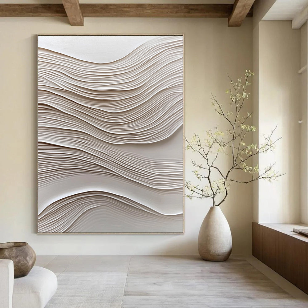 Large Abstract Art Featuring Wavy Lines on White Paper with Soft Lighting and Oil Painting Texture Highlighting Elegance and Simplicity.STSC965