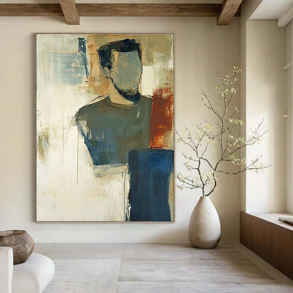 A large abstract painting in earth tones and soft blue with thick impasto strokes and blurred edges showcasing tonalism.STSC624